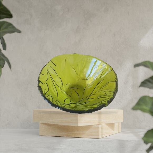 Vintage MCM Green Floral/Plant Drepression Glass Bowl Mid Centruy Modern Decor - Picture 1 of 10